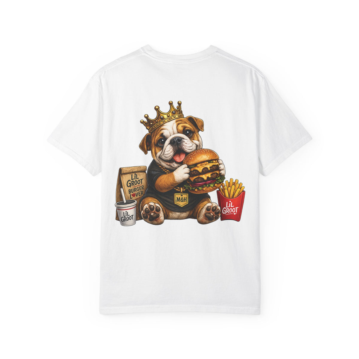 Lil Groot Burger Feast T-Shirt – Funny English Bulldog Foodie Tee