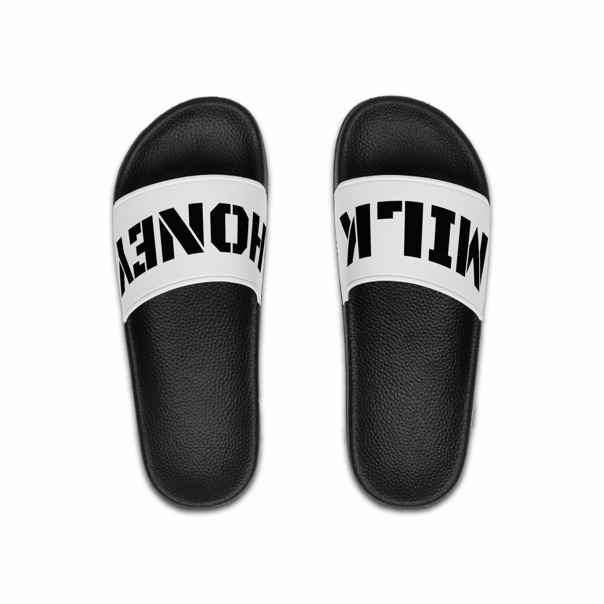 MILK HONEY Slide Sandals | Bold Typography, Black White Pool Slides