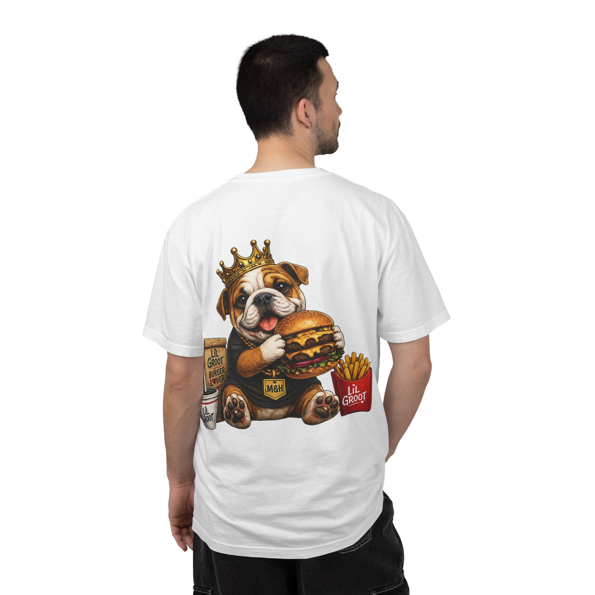 Lil Groot Burger Feast T-Shirt – Funny English Bulldog Foodie Tee